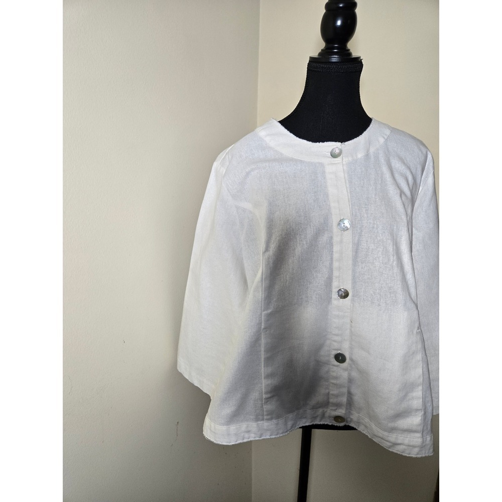 Peck & Peck Jacket Ladies L Ivory Excellent Linen Cotton Raw Hem 3/4 Sleeve
